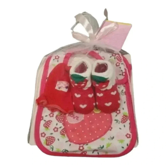 Baby Girls Bib Gift Set "Strawberry Love" Bib, Mittens, Socks baby Gift Set - Picture 1 of 6